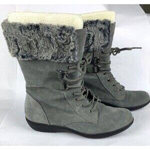 Aerosoles Mid Calf Boots Womens 7.5 Gray Suede Pinelands Y2K Wedge Faux Fur